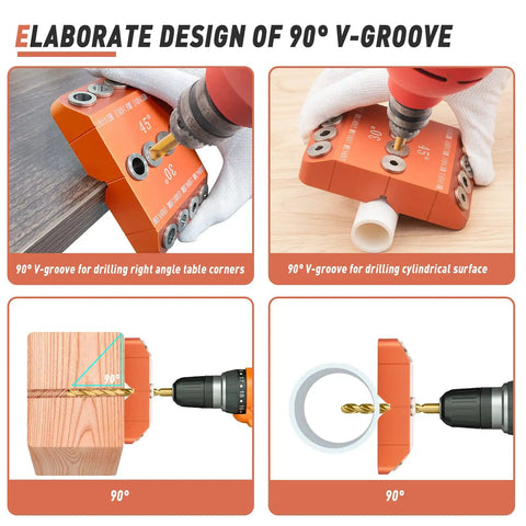 Multi Angle Cable Railing Drill Guide Jig With 30 45 90 Degree Angles for 90° V-groove drilling on table and cylindrical surfaces.
