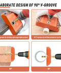 Angled Drill Guide Jig For Cable Railing Posts And Decks With 30 45 90 Degree Holes Four Bit Kit All Metal Durable Drill Jig shown drilling 90° V-groove