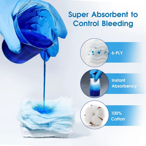 8 Pack Sterile Z Fold Gauze Rolls 4.5 Inch By 4.1 Yards 6 Ply Wound Compression with blue liquid absorption demonstration