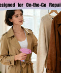 Woman using Pro Grade Dope Fabric Stitch Gun And Tagging Tool Kit for clothes, holding pink tool, hanging garments
