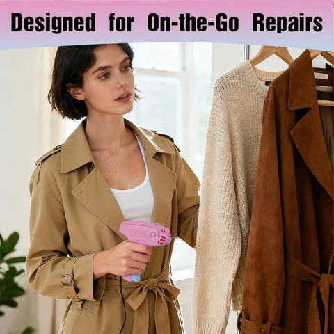 Woman using Pro Grade Dope Fabric Stitch Gun And Tagging Tool Kit for clothes, holding pink tool, hanging garments