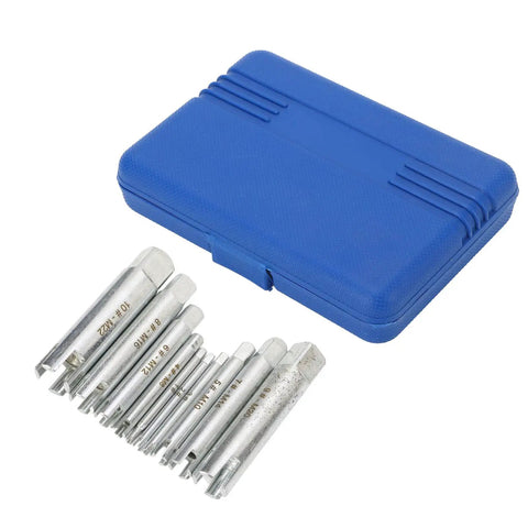 Solid 10-Piece Screw Extractor Kit With Storage Case. Hardened Alloy Steel Breaks Rusted Taps And Stripped Bolts Quick For M4 To M22 Sizes. Easy Tool Set Saves Time Fixing Damaged Metal Fast Without Hassle. Blue case with 10-piece extractor set