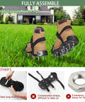 Preassembled Lawn Aerator Shoes With Spiked Soles And Adjustable Straps shown with stainless shovel for yard aeration.