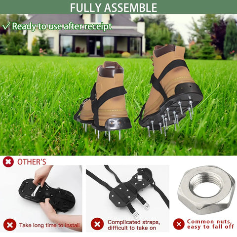 Preassembled Lawn Aerator Shoes With Spiked Soles And Adjustable Straps shown with stainless shovel for yard aeration.