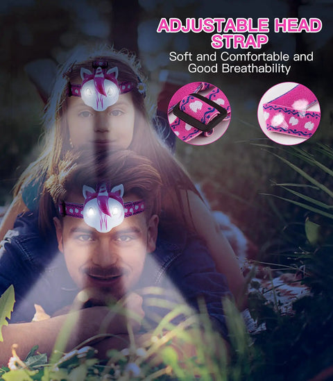 Child and adult wearing Unicorn Themed LED Headlamp For Kids And Grownups, hands-free, 2 bright LEDs, elastic headband, outdoors.