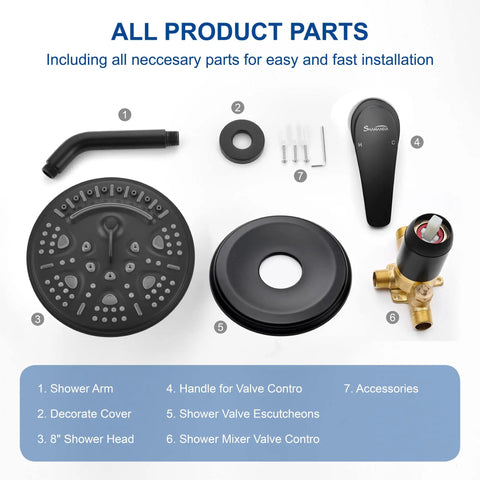 Components of Matte Black Shower System With Anti Scald Valve And 6 Spray Head, Full Shower Faucet Set With Handle