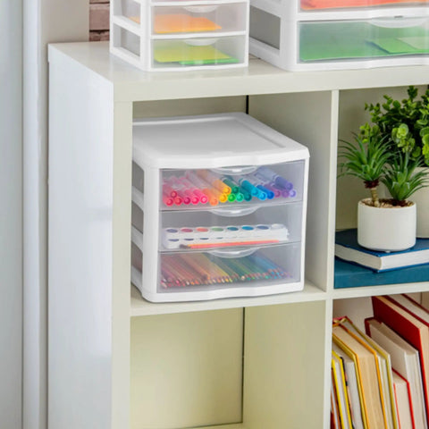 4 Pack 3 Drawer Stackable Plastic Organizer With Drawers White Frame Go To Countertop Storage Solution For Office Supplies Craft Rooms Classrooms And Home Organization on shelf with stationery.