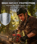 Badass Full Face Shield For Grinding And Cutting With Anti Scratch Polycarbonate Lens Wraparound Visor Certified Ansi Z87 Plus Rated Heavy Work Gear To Crush Sparks And Block Flying Debris worn by a man using a chainsaw.