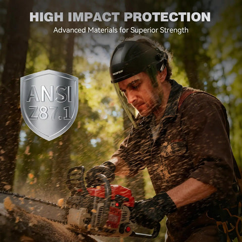 Badass Full Face Shield For Grinding And Cutting With Anti Scratch Polycarbonate Lens Wraparound Visor Certified Ansi Z87 Plus Rated Heavy Work Gear To Crush Sparks And Block Flying Debris worn by a man using a chainsaw.