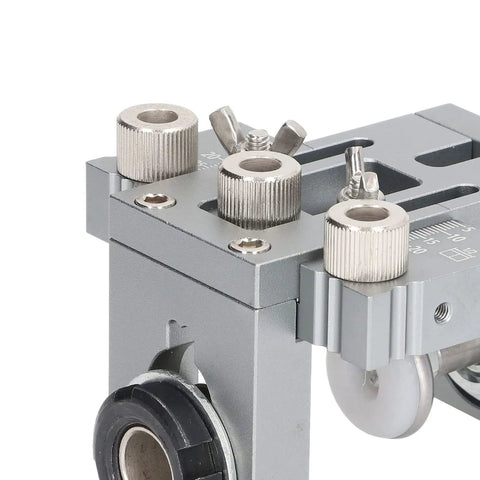 Close-up of the Heavy Duty Aluminum Alloy Dowel Jig Kit With Precision Drill Bits clamping mechanism and adjustable knobs.