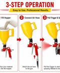 3-step operation guide for Heavy Duty Wall Texture Sprayer With Large Hopper Gun and Versatile Nozzle Tips including filling, connecting, and spraying.
