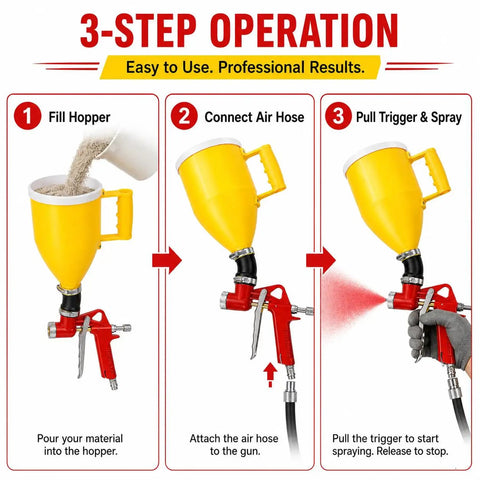 3-step operation guide for Heavy Duty Wall Texture Sprayer With Large Hopper Gun and Versatile Nozzle Tips including filling, connecting, and spraying.