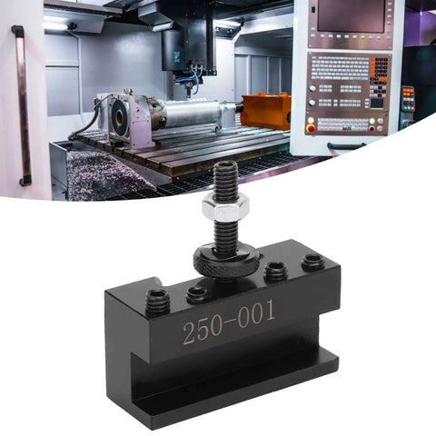 Universal Tool Post 250-001 for Metal Lathe Machining, Compact CNC Fixture for Precise Lathe Ops, High Hardness Treated Parts, Smooth Assembly, Quick Adjustments for Your Daily Shop Tasks, black metal tool post shown with CNC lathe setup
