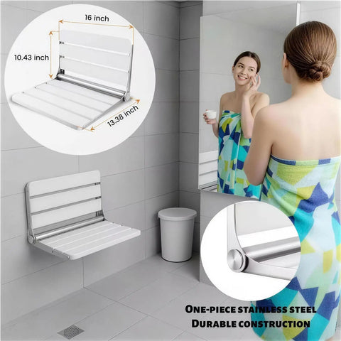 16 Inch Foldable Shower Seat Wall Mounted For Adults With 400 Lb Max Load Easy Drop Down Design Heavy Duty Waterproof Wood And Stainless Steel Build No Fuss Fits Small Inside Shower Spaces White displayed in bathroom with towel-clad woman
