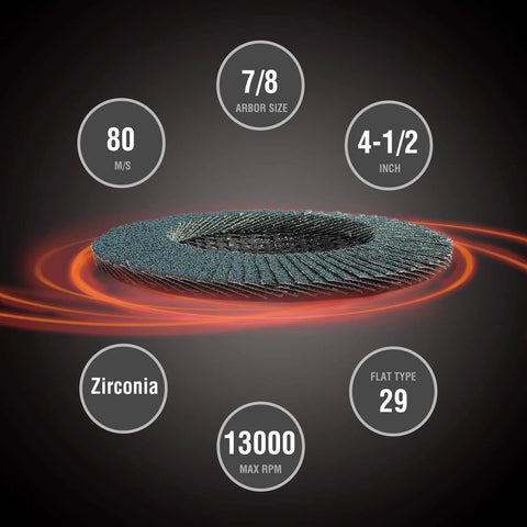 Front view: WORKPRO flap discs, 4-1/2 in, 7/8 in arbor, zirconia abrasive, flat Type 29, 20-pack with 40/60/80/120 grit