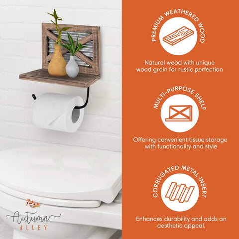Rustic Farmhouse Toilet Paper Holder With Shelf For Wipes Wall Mounted Brown Wood With Weathered Wood And Galvanized Metal Durable