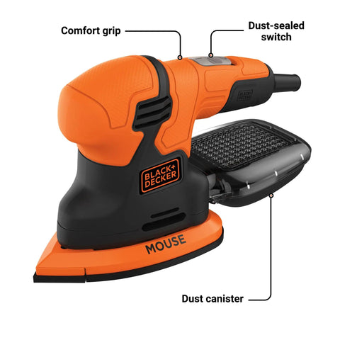 Compact 1.2 Amp Electric Mouse Detail Sander Handy For Tight Spaces with comfort grip, dust-sealed switch, and canister