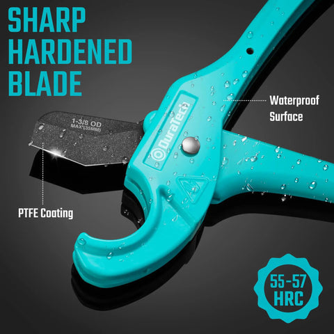 PEX Pipe Cutter For 1/8 To 1 Inch PEX And Rubber Hoses with PTFE Coated Sharp Blade and Heavy Duty Aluminum Handle, side view