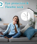 Woman relaxing by Totally Adjustable Gooseneck Floor Lamp With 3 Color Temperatures And Stepless Dimmer, 10-100 Percent Brightness