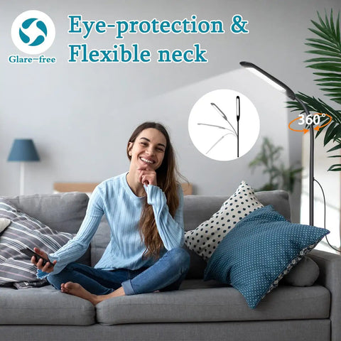 Woman relaxing by Totally Adjustable Gooseneck Floor Lamp With 3 Color Temperatures And Stepless Dimmer, 10-100 Percent Brightness