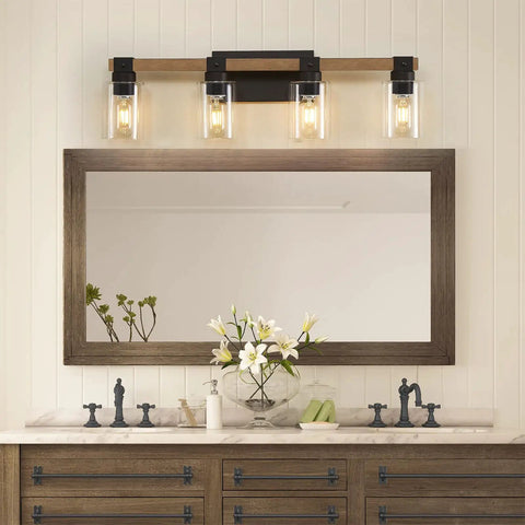 4 Light Farmhouse Bathroom Vanity Light Fixtures With Antique Wood Finish And Clear Glass Shades Over Mirror Ideal For Bedroom Hallway With A Cozy Vibe Rustic Over Mirror Lighting above bathroom mirror
