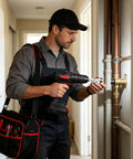 Pro Grade Alloy Pipe Threader And Trimmer, Internal External Wall Cutter used by worker with drill on plumbing pipes.