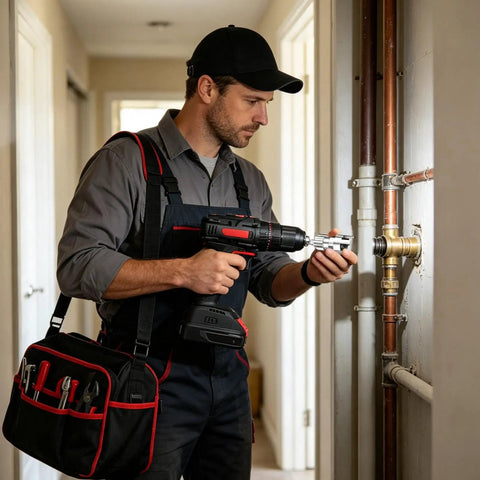 Pro Grade Alloy Pipe Threader And Trimmer, Internal External Wall Cutter used by worker with drill on plumbing pipes.