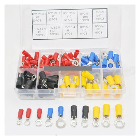 Premium 125 Piece Ring Terminal Kit With Copper Crimp Pre Insulated Wire Connectors For Tough Car And Electrical Projects That Keep Connections Solid As A Rock, assorted ring terminals in labeled case
