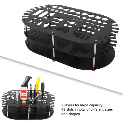 Kick Clutter To The Curb With This Legit Sturdy Aluminum Desktop Organizer Rack Packing 42 Spacious Slots For Hand Tools Bits And Mini Parts While An Anti Slip Base Keeps Your Workspace Looking Fresh All Day - Black, two-layer tool rack.