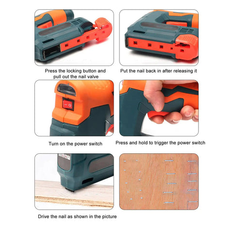 Steps to operate Shop Grade Cordless Brad Nailer Wireless Nail Gun With USB Charging, showing nail placement and trigger action.