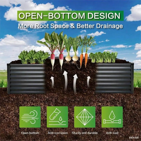 Raised Garden Bed Kit 6x3x1 Ft Metal Planter Boxes Outdoor With No Fuss Easy Assembly showing open-bottom design with vegetables.