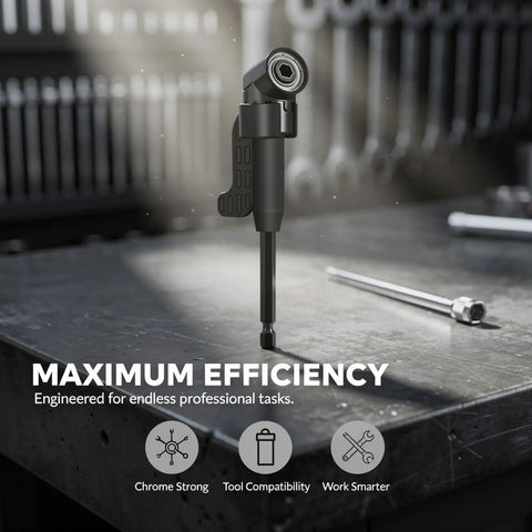 6 Pcs Right Angle Drill Attachment Set With 105 Degree Adapter And Flexible Shaft For Screwdrivers, Heavy Duty Chrome Vanadium Steel L Wrench Plus Impact Sockets To Reach Tight Spots Like A Pro, black angle adapter on workbench