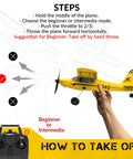 Hand holding Sport Cub RC Plane Trainer with instructions for takeoff, 400mm yellow model, remote control shown below