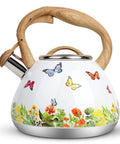 Stovetop Tea Kettle With Wood Pattern Handle, Loud Whistle, 2.7 Quart Food Grade Stainless Steel Pot For Induction And Gas Stoves, Butterfly Design