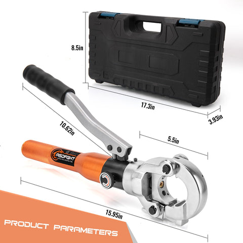 Heavy Duty Hydraulic Pipe Crimping Tool With 1/2 3/4 And 1 Inch Jaws For Copper Tube Fittings Built For Fast Contractor Plumbing Repairs That Goes Down Smooth And Seals Like A Champ