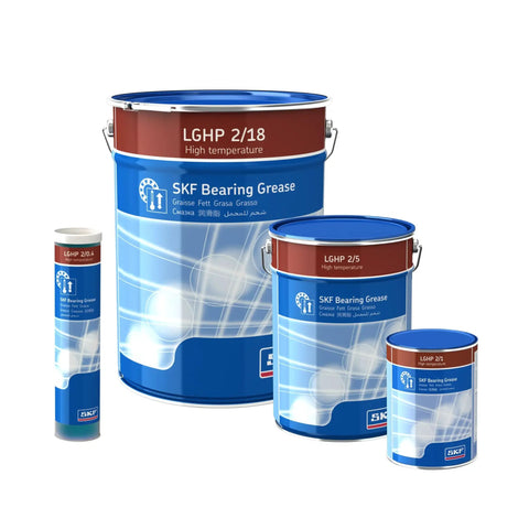 Various sizes of SKF LGHP bearing grease containers including Go To Long Life High Temperature Bearing Grease LGHP 2/1