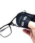 Fleisher's Opti-Mitts eyeglass cleaning finger mitt, side view, worn on hand cleaning black glasses