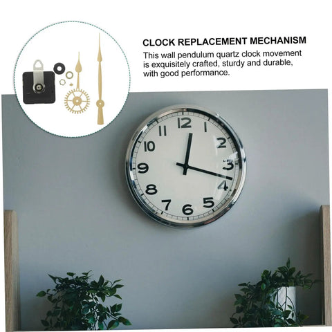DIY Wall Clock Kit With Battery Powered Quartz Movement, hands, mechanism, installed on gray wall with plants below