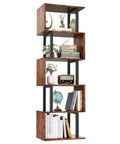 Top Shelf Six Tier Bookshelf With Sleek S Shaped Design, Rustic Brown Geometric Storage Rack showcasing books and decor items.