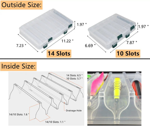 Clear 14 Slot Two Tier Fishing Lure Box With Drain Holes showing dimensions and interior compartment layout with lures