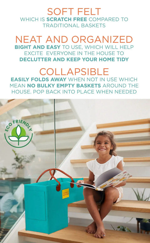 Child sitting on stairs with Grab-and-Go Staircase Storage Basket With Handles For Carpeted And Wooden Stairs, L Shaped Collapsible Organizer.