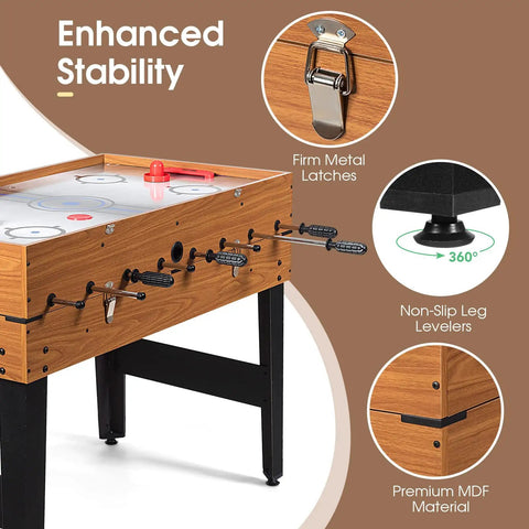 Premium 3 In 1 Game Table Combining Foosball Billiards And Slide Hockey features stable non-slip leg levelers and firm metal latches.