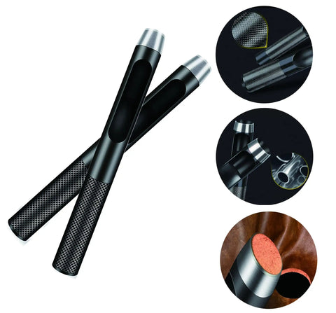 10 Piece Round Hole Punch Set For Leather Craft Pro Grade Steel Hollow Punches 1mm To 10mm close-up of punches and sample materials