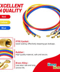 Three 72-inch HVAC refrigerant hoses in red, yellow and blue with brass 1/4-inch flare fittings and compact ball valve