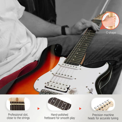 Playing the 39 Inch Full Size Electric Guitar Kit Sunburst with Amplifier Gig Bag Capo Strap Extra Strings Tuner Cable Picks And HSS Pickups, close-up view of fretboard.