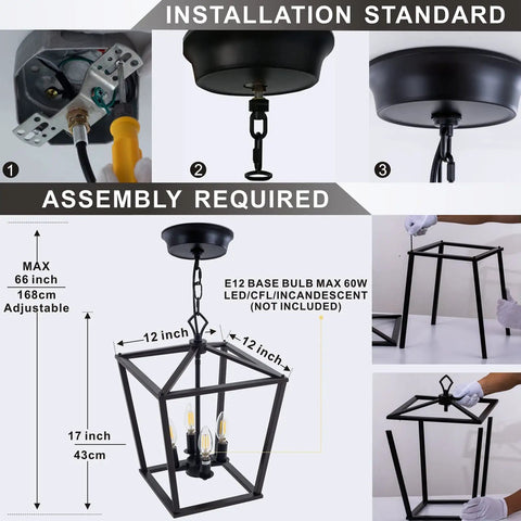 Farmhouse Lantern Pendant Light for Kitchen Island and Dining Room, 12 Inch Black Openwork Cage Chandelier assembly details