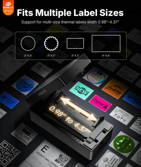 Wireless Bluetooth 4x6 Thermal Shipping Label Printer for fast package labeling showing various label sizes compatibility.