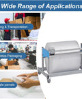 Heavy Duty Rolling Wrapping Paper Holder And Bubble Wrap Dispenser With Integrated Cutter And Smooth 360 Degree Swivel Casters Plus Lockable Wheels For Rock Solid Stability To Make Packin A Total Breeze In The Workspace in use for logistics packaging.