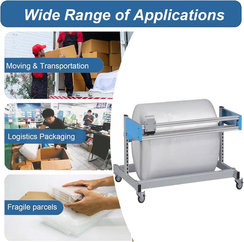 Heavy Duty Rolling Wrapping Paper Holder And Bubble Wrap Dispenser With Integrated Cutter And Smooth 360 Degree Swivel Casters Plus Lockable Wheels For Rock Solid Stability To Make Packin A Total Breeze In The Workspace in use for logistics packaging.