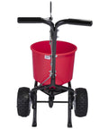 Front view of 2600A-PLUS Fertilizer Spreader with 40Lb hopper, epoxy coated frame, beefy all terrain pneumatic tires, red.